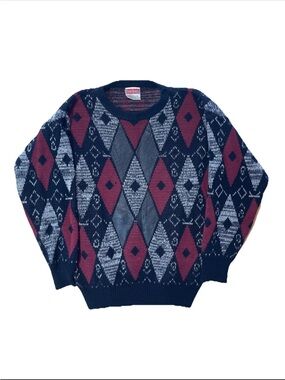Vintage Bonjour Sweater Size Large Red Black Grey Diamond Acrylic 90s Style